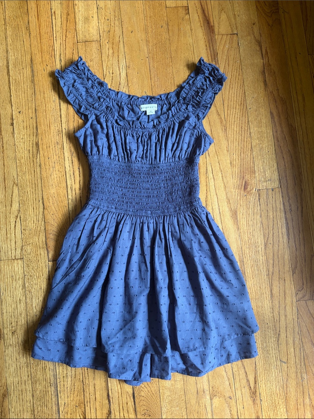 Aeropostale Slate Blue Smocked Ruffle Shoulder Dress